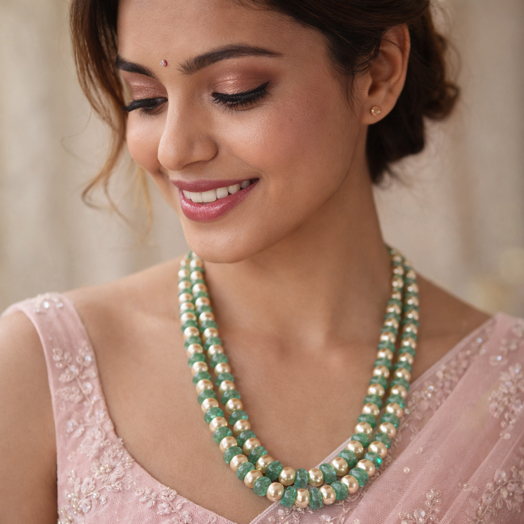 Mint Green & Pearl Double Strand Necklace – Elegant Traditional Beaded Jewelry for Wedding & Festive Wear - Image 2