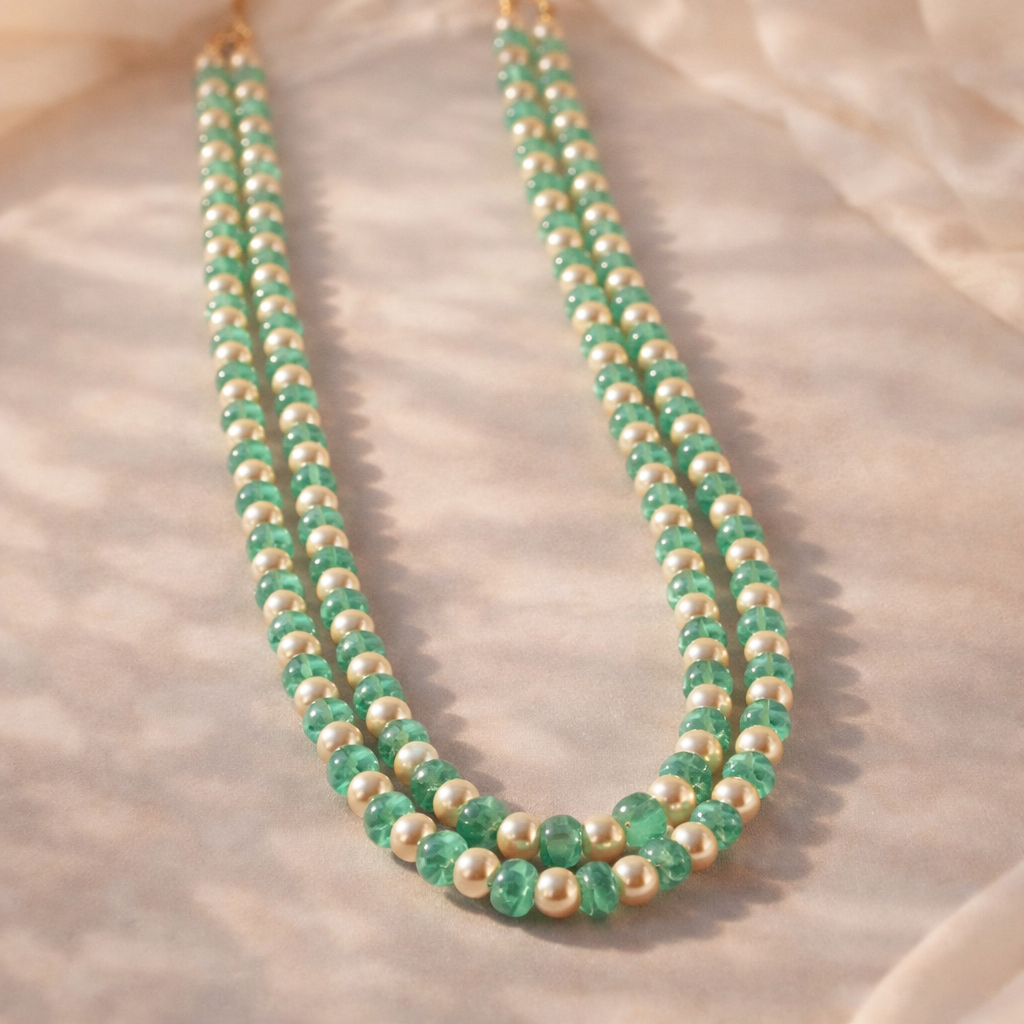 Mint Green & Pearl Double Strand Necklace – Elegant Traditional Beaded Jewelry for Wedding & Festive Wear