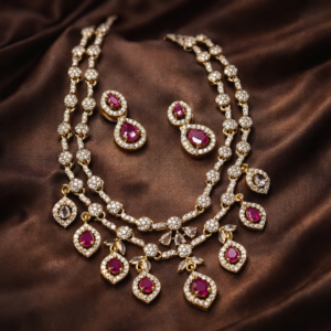 Royal Ruby Drop Diamond Look Bridal Necklace Set (Gold Statement Wedding Jewelry