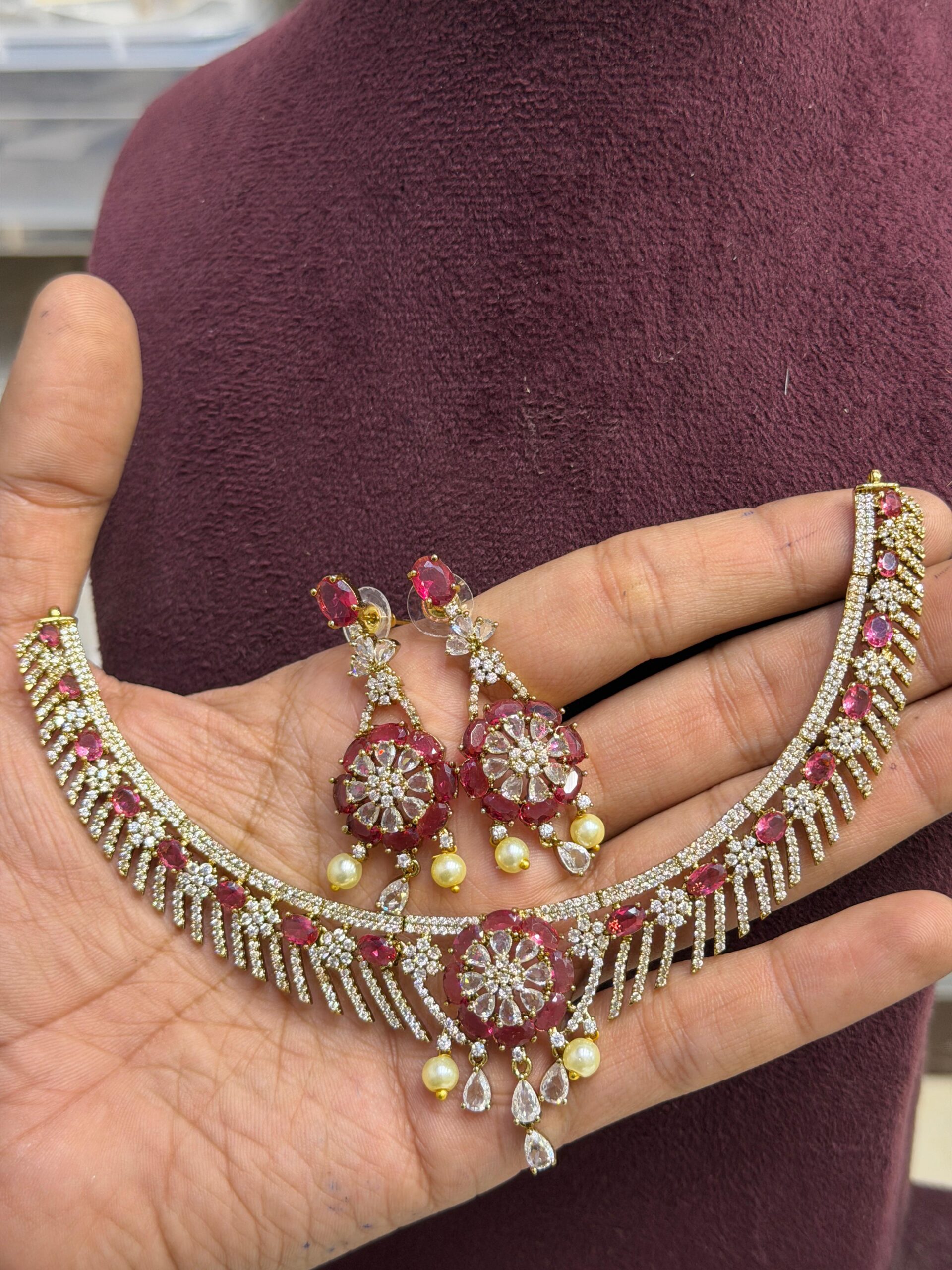 Ruby Bloom Designer Bridal Necklace Set - Image 2