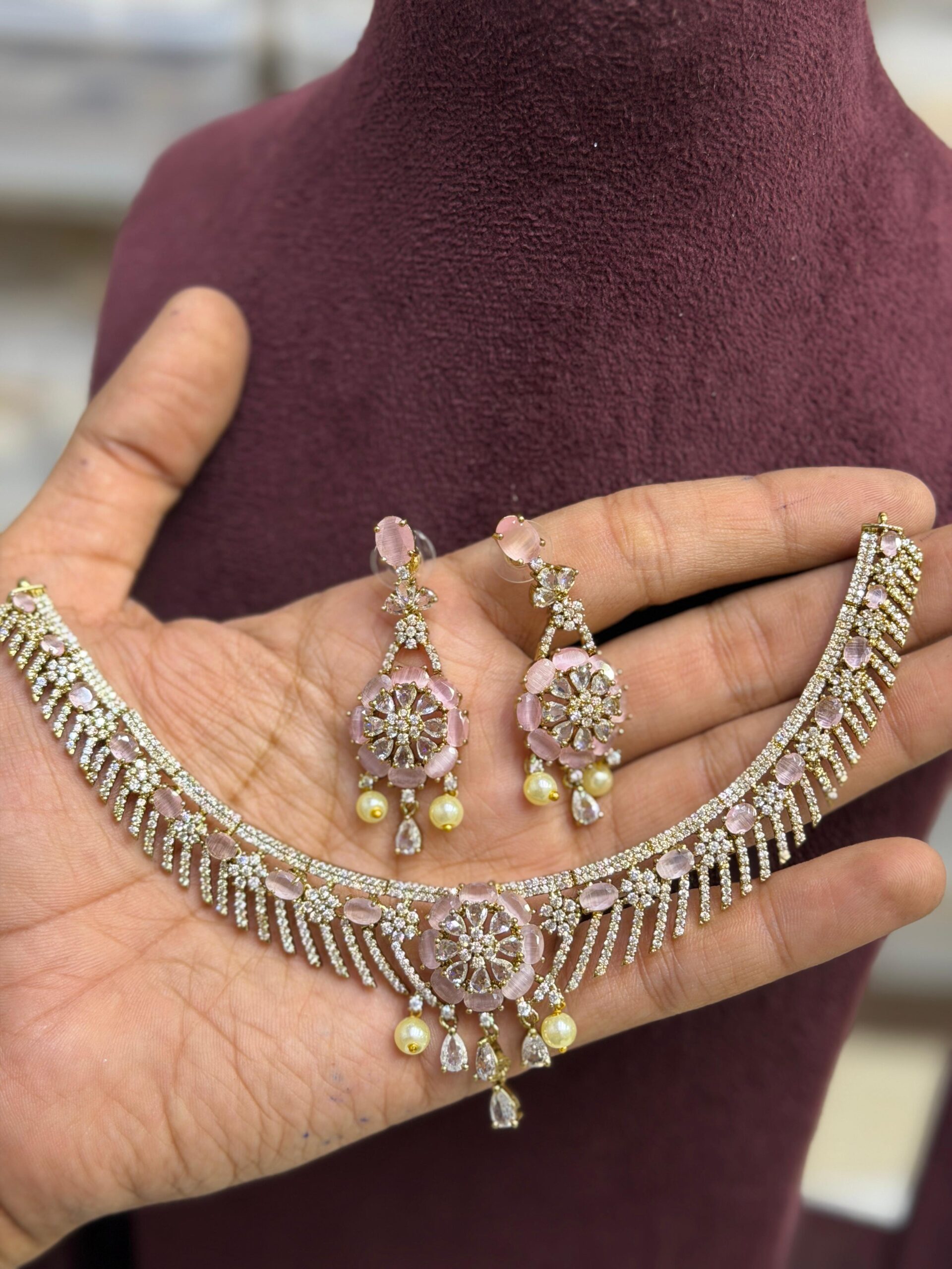 Blush Bloom Designer light Pink Necklace Set – Elegant Floral Statement Jewelry for Weddings & Festivals - Image 2